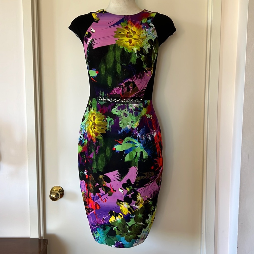Host Pick ❣ Teri Jon Blk Bodycon Dress w Cap Sleeves & Floral Panel Sz 6 VGUC